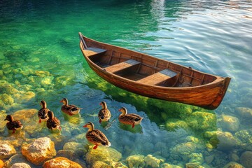 Obraz premium A wooden rowboat floats serenely on a crystalline lake, surrounded by a flock of ducks resting on the clear, shallow water.