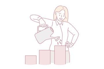 Business success and development concept. Young smiling woman cartoon character standing watering growing cubes with watering can vector illustration