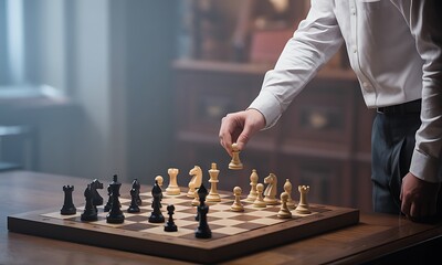 Businessman in formal shirt moving white pawn on wooden chessboard indoors, ideal for illustrating strategy, decision making and competitive intelligence concepts