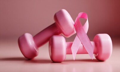 Naklejka na ściany i meble Pink dumbbells and ribbons represent fitness and breast cancer