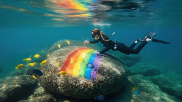 Diver paints a rainbow on underwater rock surrounded by tropical fish