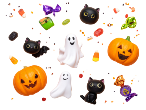 Scattered Halloween Elements with Ghosts, Pumpkins, Candy, and Cats, Flat Lay Style, Isolated