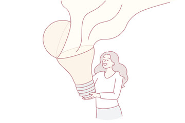 Creativity and great idea concept. Young smiling woman cartoon character standing holding huge light bulb with flying blame vector illustration