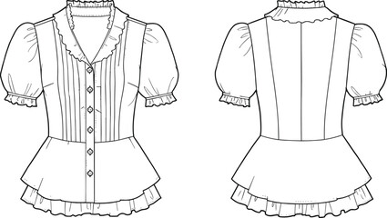 Women blouse flat fashion sketch, puff sleeve technical drawing, ruffled peplum design, button down pintuck detail, apparel CAD template vector illustration