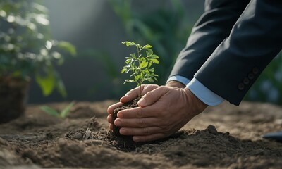 Businessperson planting young tree seedling in soil, symbolizing corporate environmental responsibility and sustainability initiatives for promotional or educational use