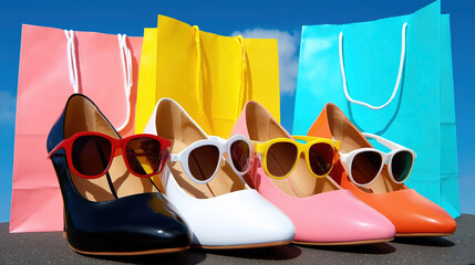 Stylish shoes and colorful shopping bags create a vibrant sale atmosphere on a sunny day