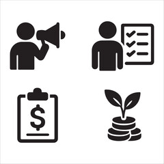 This image displays four simple black icons on a white background, arranged in a 2x2 grid. The icons represent different concepts: a person with a megaphone 