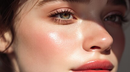 Naklejka premium Close-up of young woman with radiant skin, natural makeup, glowing cheeks and soft lips, showcasing beauty and charm in bright light setting