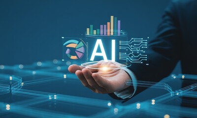 Businessman holding AI hologram with data charts and circuit lines, ideal for illustrating artificial intelligence technology and digital transformation concepts