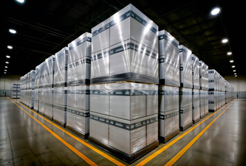 Palletized wrapped cartons stacked in rows inside a warehouse aisle.