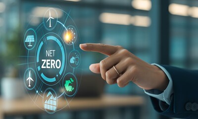 Business hand interacting with futuristic net zero energy dashboard, ideal for promoting sustainability, renewable resources, and corporate climate action goals