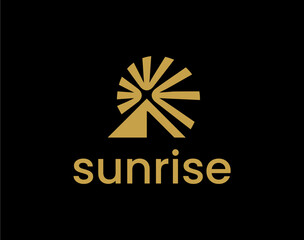 Abstract golden sunrise logo with radiant sun rays over horizon