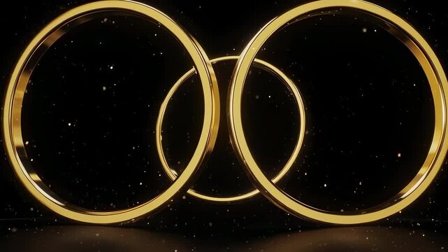Three interlocked golden rings on a dark background with sparkling particles and reflection