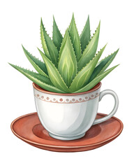 Aloe vera plant in a teacup, watercolor isolated on a transparent background