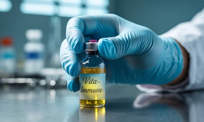 Close-up of gloved hand holding immune-boosting medical vial in laboratory, ideal for illustrating healthcare, vaccine development, and scientific research concepts