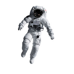 Fototapeta premium A person in a white spacesuit floats in darkness, facing the viewer, and appears to be isolated