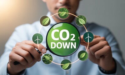 Magnifying glass highlighting CO2 reduction with renewable energy and eco-friendly icons, ideal for promoting sustainability and environmental awareness campaigns