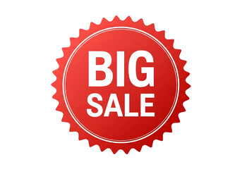 Ultra highresolution, professional studio photography of illustration of red circular badge with jagged edge and white text reading big sale isolated on transparent background
