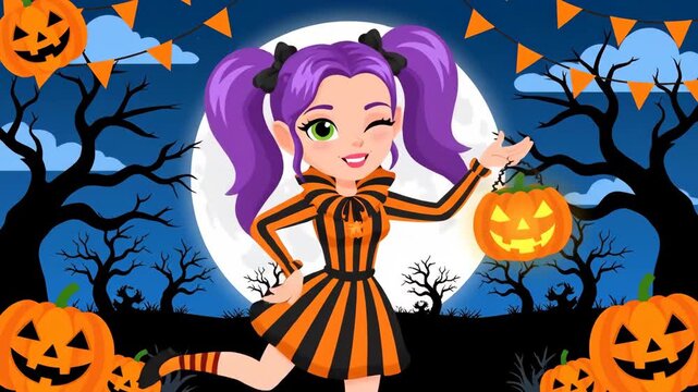 Cartoon Vampire Girl in Striped Dress with Pumpkin, Ready for Trick-or-Treating on a Spooky Halloween Night Background
