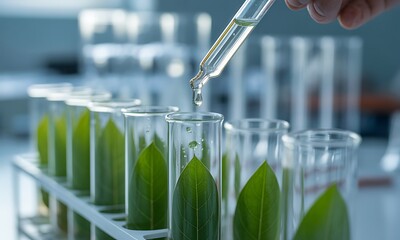 Close-up of green leaves in laboratory test tubes with liquid dropper, ideal for illustrating biotechnology, plant research, and sustainable scientific innovation