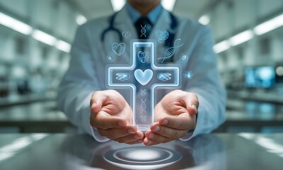 Doctor presenting glowing holographic medical cross with health and DNA icons, ideal for illustrating modern healthcare innovation and medical technology concepts