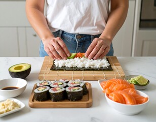 Woman preparing sushi rolls