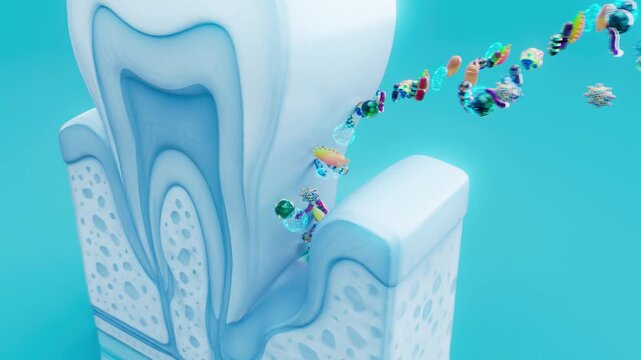 Conceptual 3D animation of periodontitis with bacteria under the gums