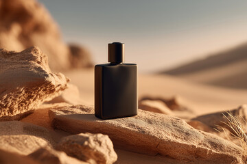 black perfume mockup in a sand rocks