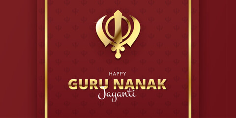 Guru Nanak Jayanti banner with Khanda Sikh religious symbol. Sikhism celebration design, horizontal greeting festival background. Punjab Gurpurab concept. Vector illustration
