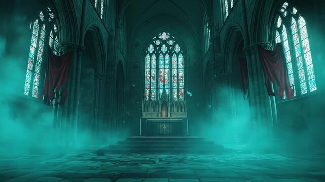 Dramatic gothic interior with stained glass atmospheric lighting and fog