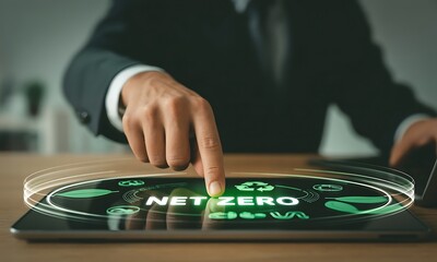Businessperson touching digital net zero interface on tablet with eco icons, ideal for illustrating corporate sustainability and environmental responsibility concepts