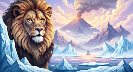A majestic lion overlooking a landscape of icebergs, mountains, and a distant erupting volcano