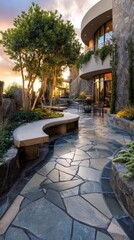 Obraz premium Modern stone patio with curved bench lush greenery and contemporary architecture at sunset