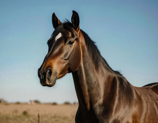 Fototapeta premium Close-up portrait of a dark bay horse with a white forehead marking, standing in a dry open field under natural light, showcasing equine strength and elegance against a clear blue sky. Brown Horse.