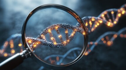 A detailed close up view of a glowing DNA double helix structure seen through a magnifying glass