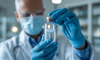 Medical professional holding sterile vial with clear liquid solution, ideal for illustrating pharmaceutical research, vaccine development, and laboratory medicine concepts
