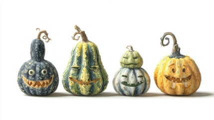 Pumpkin comedy hour: a halloween spectacle. Blank background. Four animated pumpkins: expressions of halloween cheer. Rule thirds. Professional photo.