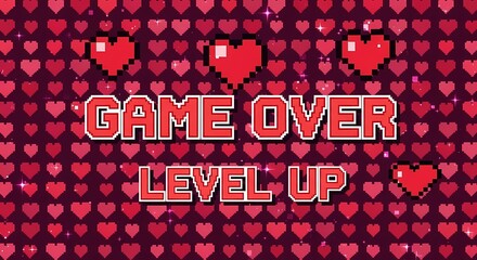 Pixelated game over screen with vibrant hearts and celebratory level up message, perfect for retro gaming enthusiasts and digital art projects.