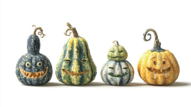 Pumpkin comedy hour: a halloween spectacle. Blank background. Four animated pumpkins: expressions of halloween cheer. Rule thirds. Professional photo.