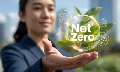 Businessperson presenting net zero sustainability concept with eco-friendly icons, ideal for promoting environmental responsibility and corporate climate action