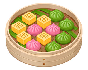 Watercolor steamed dumplings and buns in a bamboo steamer basket isolated on a transparent background