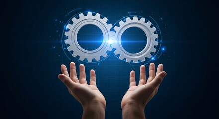 Hands lift digital gears symbolizing innovation and collaboration success