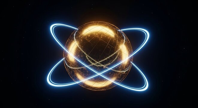 Futuristic Golden Sphere Orbited by Neon Blue Rings in Cosmic Darkness - Powered by Adobe