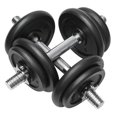 Naklejka premium Close-up of two black and silver dumbbells crossed on a transparent background