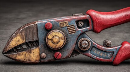 Close-up shot of vintage, industrial-style, red handled, cutting pliers tool