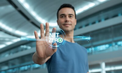 Person interacting with holographic net zero icon in modern building, ideal for promoting sustainability, renewable energy goals and climate change awareness initiatives
