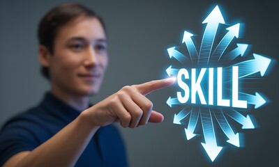 Person pointing at glowing skill text with radiating arrows, ideal for illustrating personal development, career growth, and professional training concepts