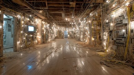 Illuminated chaos: a network of wires and lights creating a unique scene