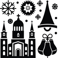 Vector architecture and building set of castle, church, and Christmas tree silhouette icons for city travel design