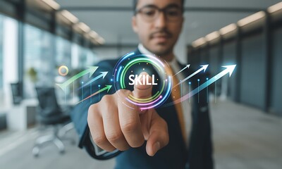Business professional touching virtual skill interface with growth arrows, ideal for illustrating career development and corporate training success